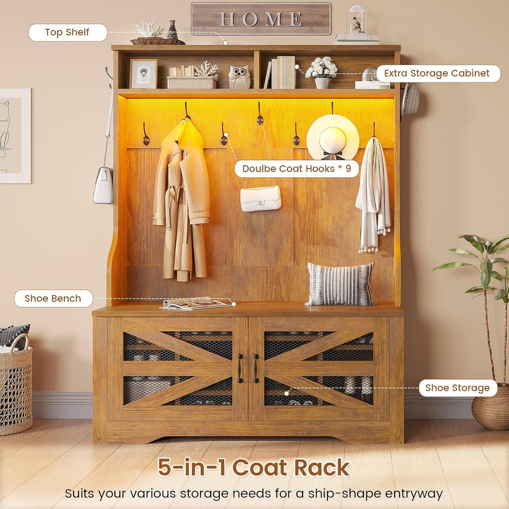Hall Tree with Bench and Shoe Storage, 5-in-1 Entryway Bench with Coat Rack, 10 Shoe Cubbies & 9 Coat Hooks, Barn