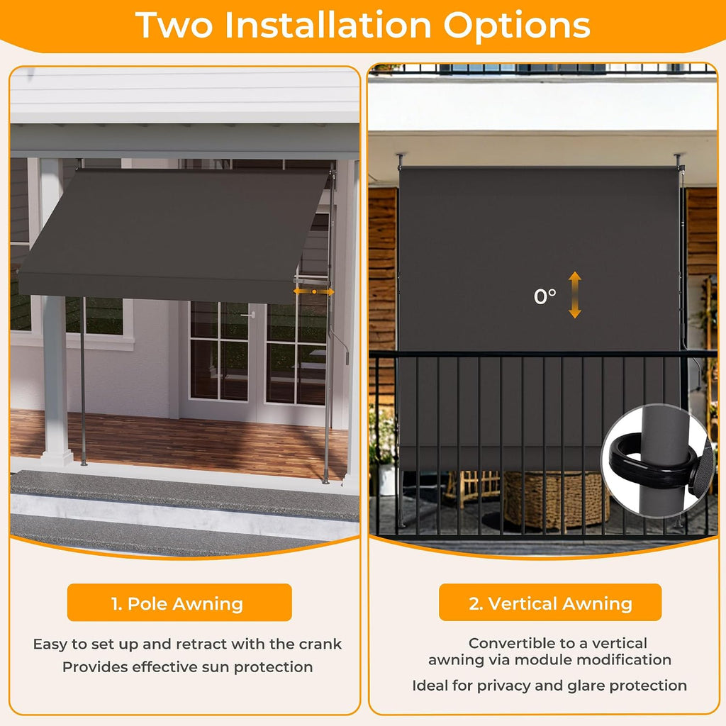 Manual Retractable Awning, 138" W x 118" H Retractable Side Bar 47-59", Outdoor Patio Awnings Height Adjustable