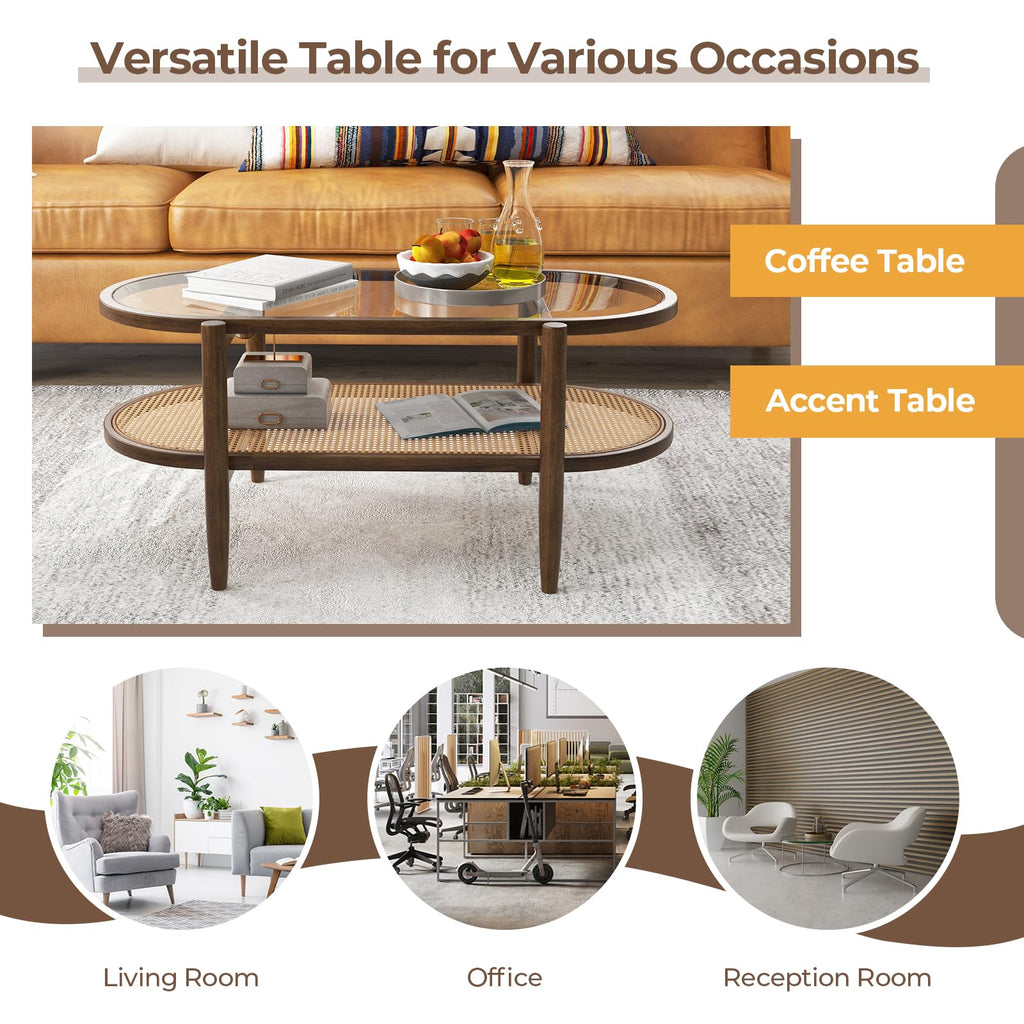 Boho Coffee Table, 2-Tier Center Table with Tempered Glass Tabletop & PE Rattan Storage Shelf, Mid Century Modern Tea