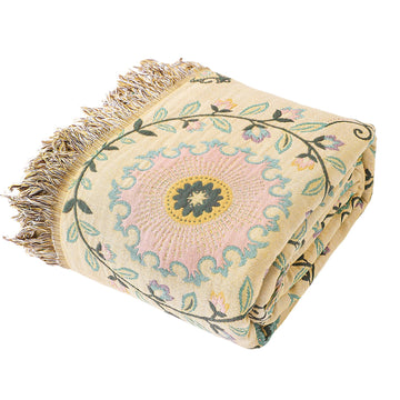 Boho Throw Blanket 91"x98" - 100% Cotton Ultra Soft Rustic Quilt, Green Floral Printed Farmhouse Decor for Bed, Sofa