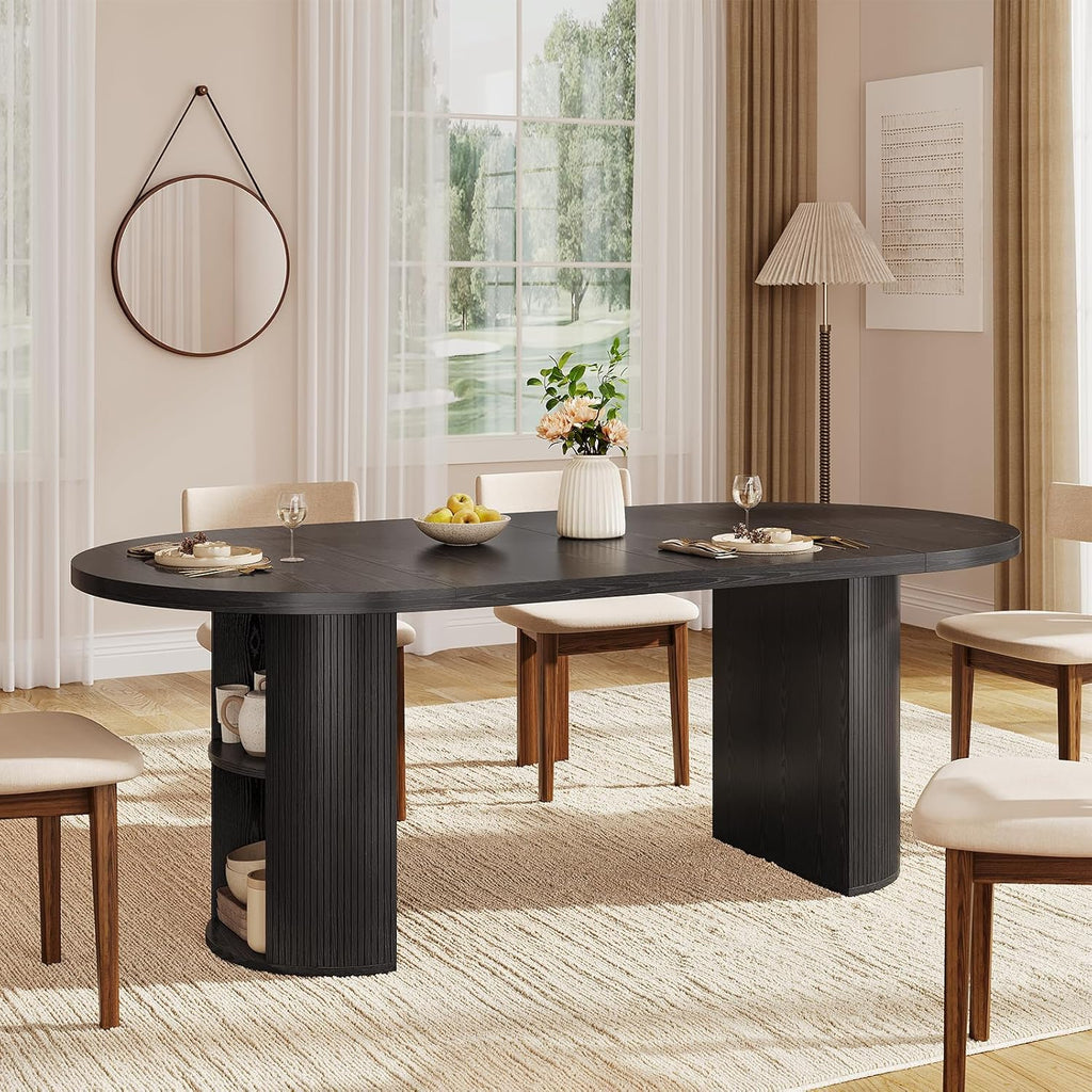 41-78 Inch Extendable Dining Table for 4-8, Fluted Expandable Kitchen Table with Storage, 2 Leaf, Mid Century Modern