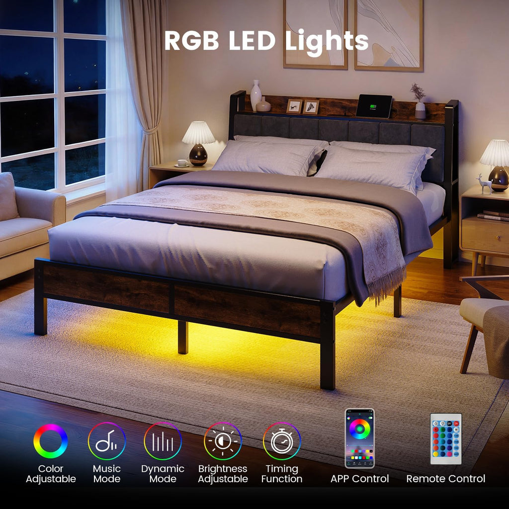 Queen Bed Frame with Wood Headboard, Metal Platform Bed with USB Charging Station and Smart LED Lights, No Box Spring