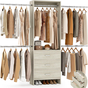 Closet System, Closet Organizer with 3 Wooden Drawers, Closet Organizer System, Walk-in Closet Wardrobe Clothes Rack