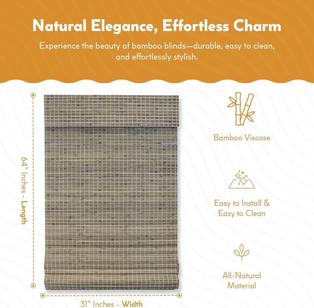 Cordless Bamboo Blinds - Flatstick Bamboo Roman Shades for Interior Windows - Roll Up Woven Shades with Valance
