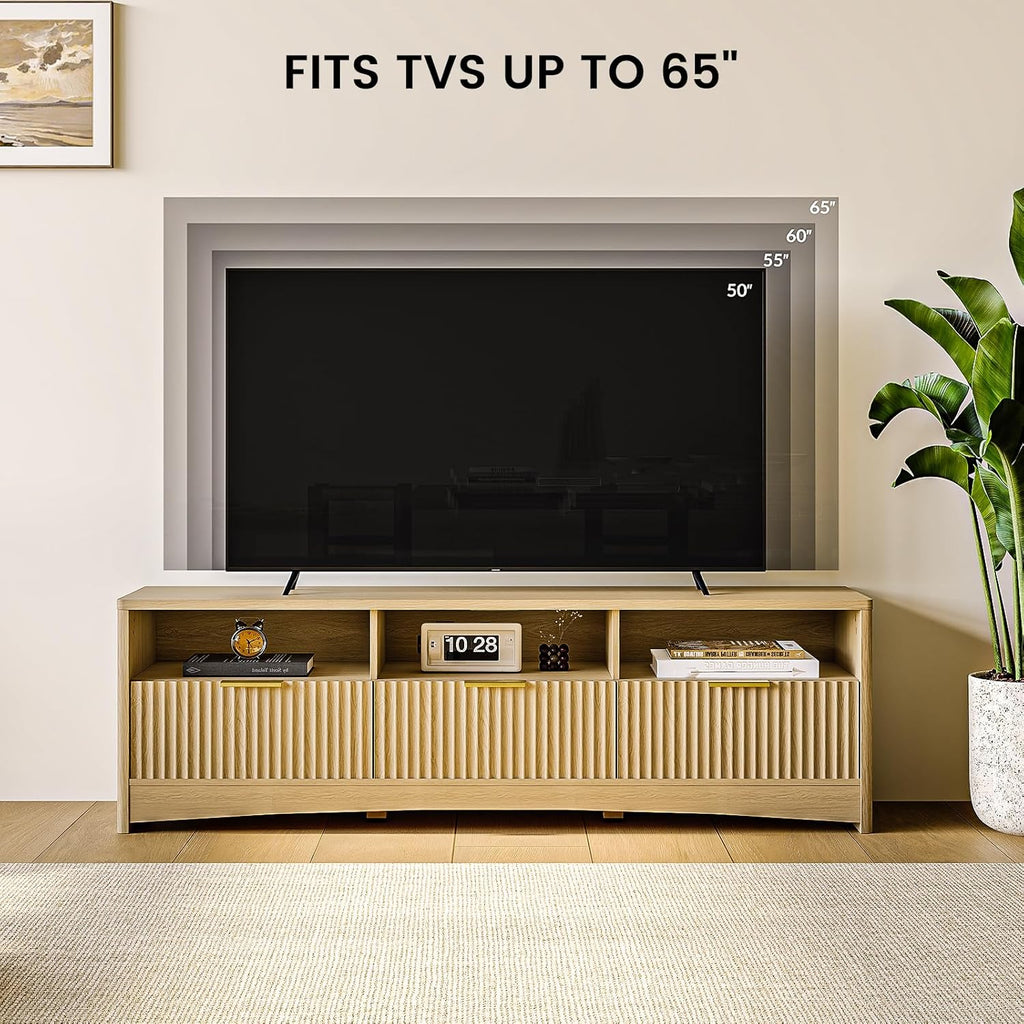 Fluted TV Stand for TVs Up to 65″, Mid-Century Modern Entertainment Center with Storage Drawers and Open Shelf, TV