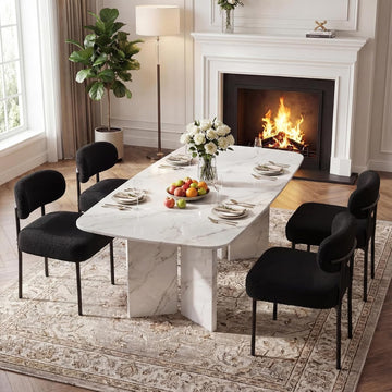 Black Boucle Dining Chairs Set of 4, 4.3" Thick Cushion,Kitchen Dining Room, Curved Backrest, Comfortable