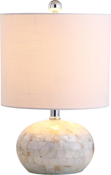 16" Coastal Capiz Shell Mosaic Table Lamp Living Room, White Linen Shade, Transitional Cottage Night