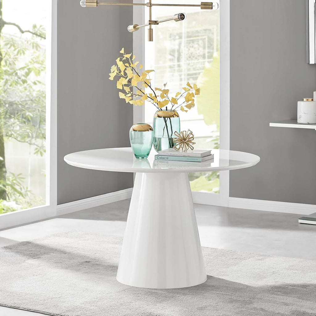 Palma White High Gloss Round Dining Table - Modern Pedestal Base - Contemporary 4 - 6 Seater Kitchen or Dining Room