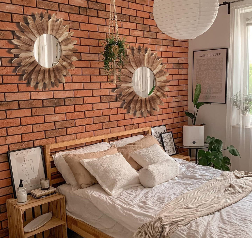 2 Pack 22 Inch Boho Wall Sunburst Mirror Rustic Round Wood Decorative Mirror Boho Wall Art Decor Bedroom Living Room