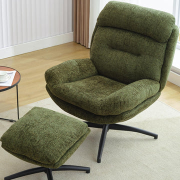 Modern Reading Chair and Ottoman — Green Chenille