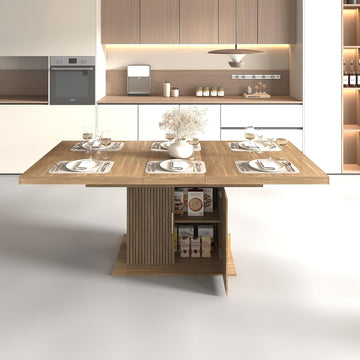 63"-79" Extendable Dining Room Table for 6-10 People, Modern Minimalist Dining Table with 2 Tier Storage, Space