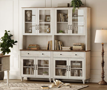 72" Tall Bookcase with Glass Doors & Drawer Set of 2, Large Farmhouse Display Book Shelf with Bar Cabinet, Library
