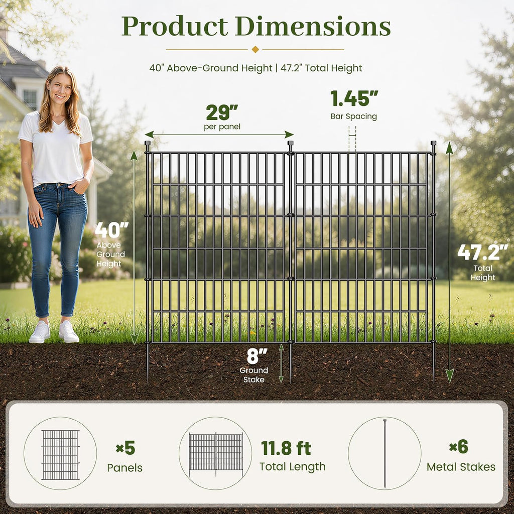 No-Dig Decorative Outdoor Garden Fence for Yard, Animal Barrier Fencing for Dog | Rustproof Metal Temporary Fence for (5 Panels)