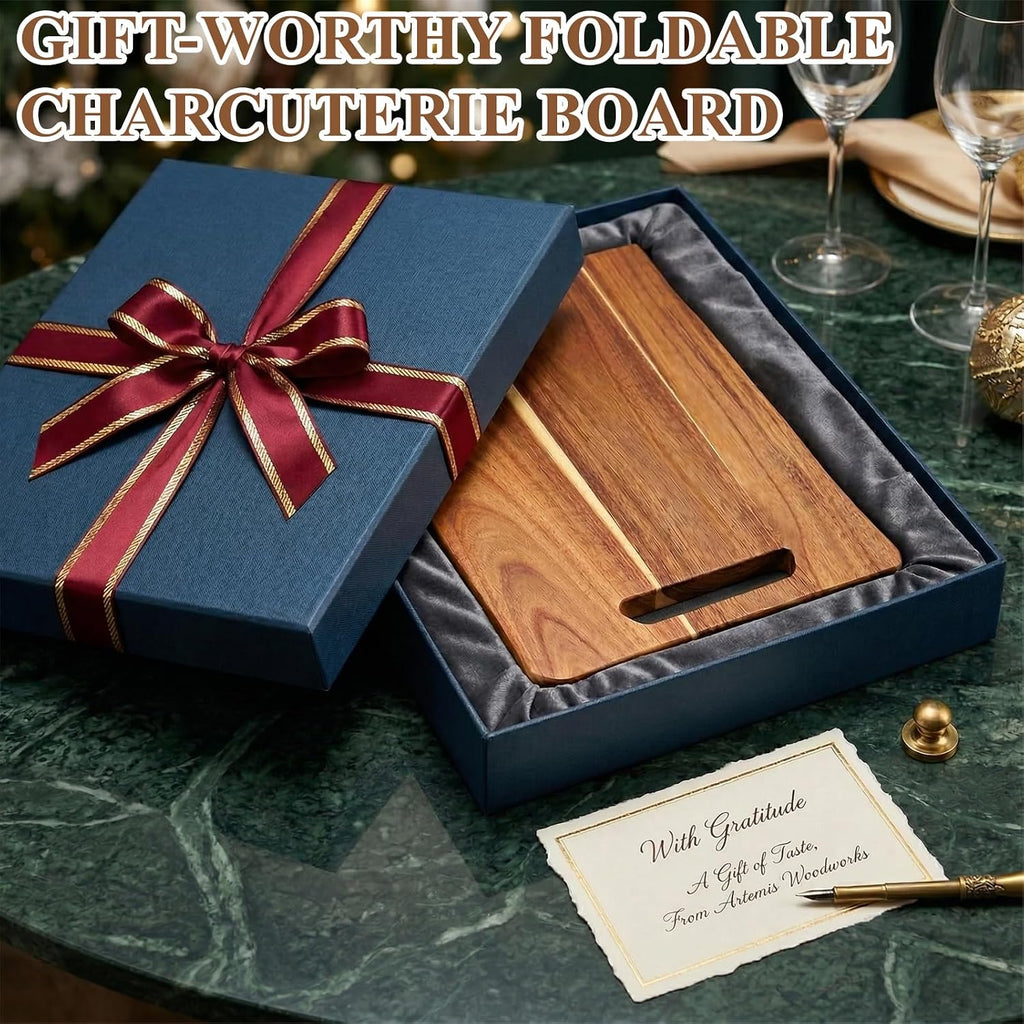 Large Charcuterie Board, 33 x 12 Inch Rectangular Foldable Acacia Wood Tray | Long Charcuterie Boards with Handles