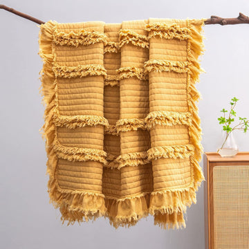 Ultra Soft Pre-Washed Warm Quilted Throw Blanket, Ruffle Fringed Yellow Boho Decorative Throw, Stone Washed Chic