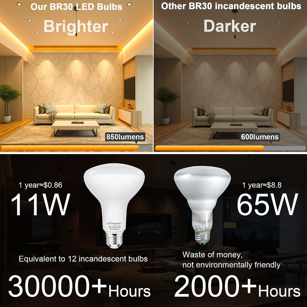 6 Pack BR30 Flood LED Light Bulbs, 2700K Warm White, 65W Equivalent, E26 Base Recessed Can Light Bulbs, Dimmable