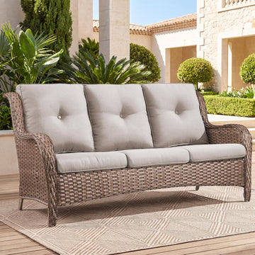 Patio Sofa Luxury PE Wicker 3-Seater Outdoor Couch, Modern All-Weather High Back Deep Seat Woven Furniture Set for