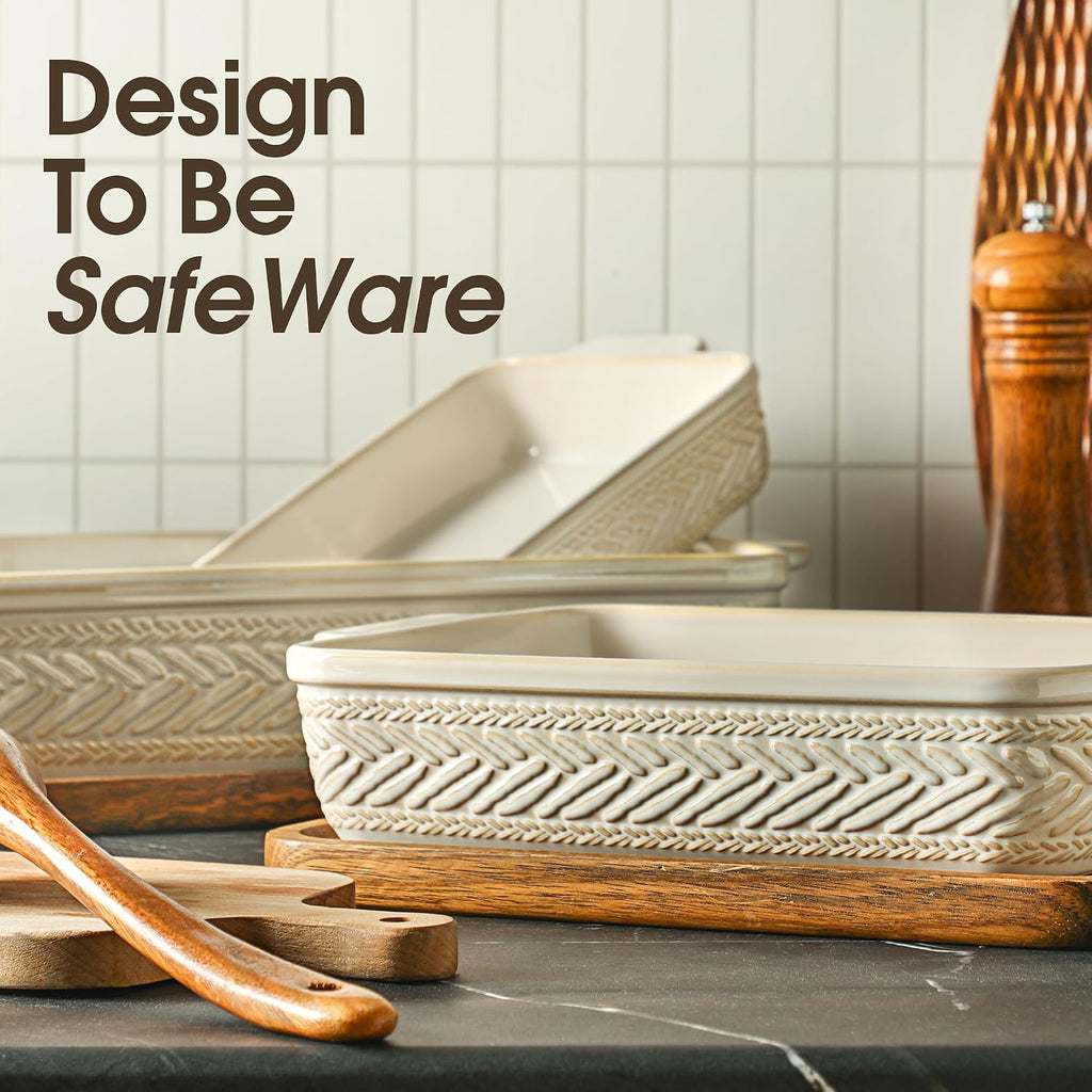 Casserole Dishes for Oven, Beige Ceramic Dish Set of 3 | 9x13" Rectangular Lasagna Pans Casserole Dish Set for