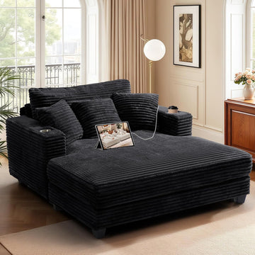 60" Chaise Lounge Chair Indoor, Wood Frame, Black | Oversized Sofa Bed, USB Port and 2 Cup Holders, Comfy Plush Faux