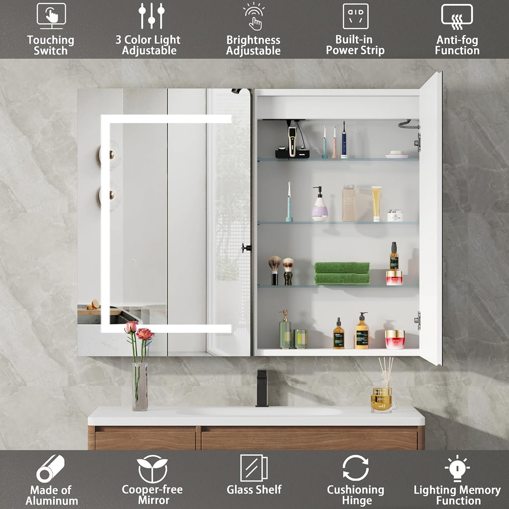 LED Medicine Cabinet with Mirror, Assembly-Free Lighted Medicine Cabinet, Defog, Stepless Dimming, 3 Colors, 2