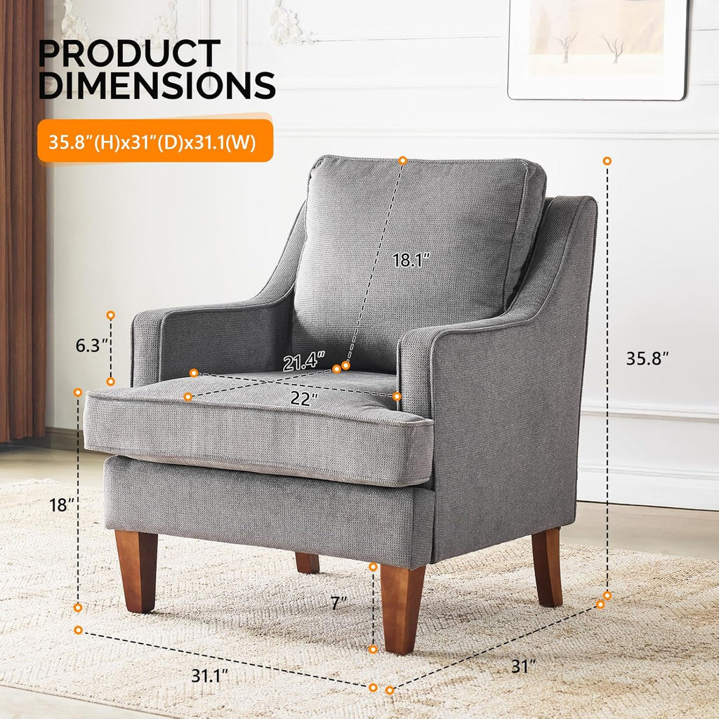 Mid-Century Modern Accent Chair, Light Grey Upholstered Armchair Comfy Sofa Chair Reading Chair High Back Bedroom