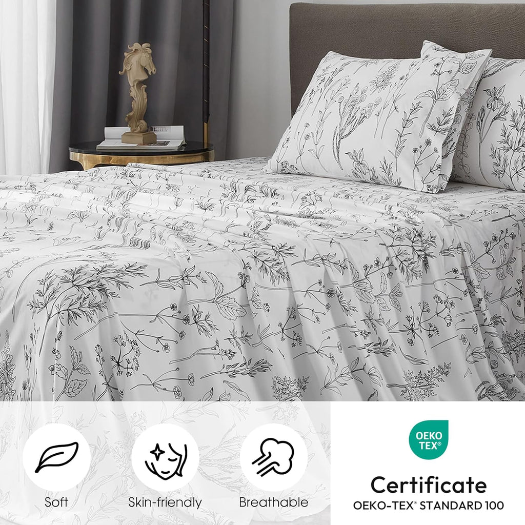 Floral Bed Sheets, 18 inches Deep Pocket Sheets 1800 Thread Count, Black and White Leaf Sheet Set Soft