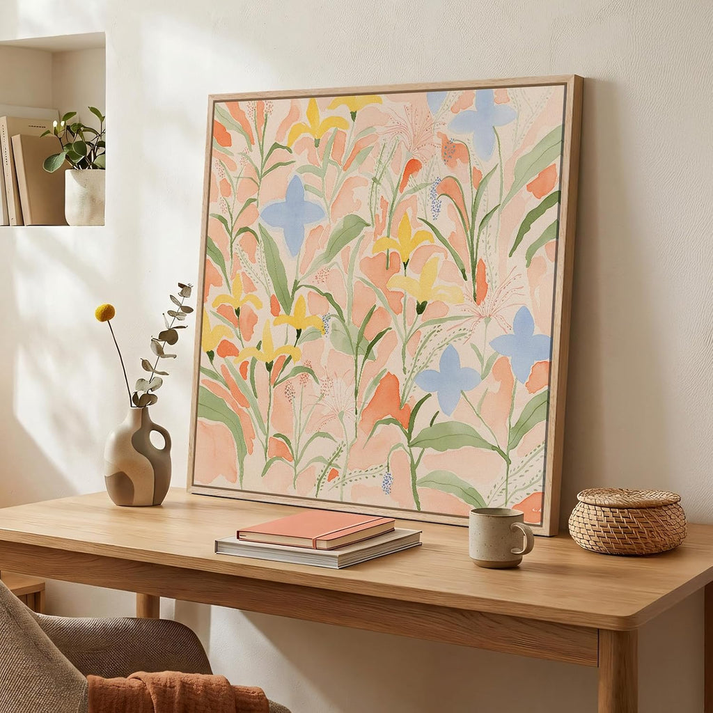 Framed Square Boho Abstract Floral Wall Art , Neutral Flower Watercolor Painting Print Canvas Artwork for Walls