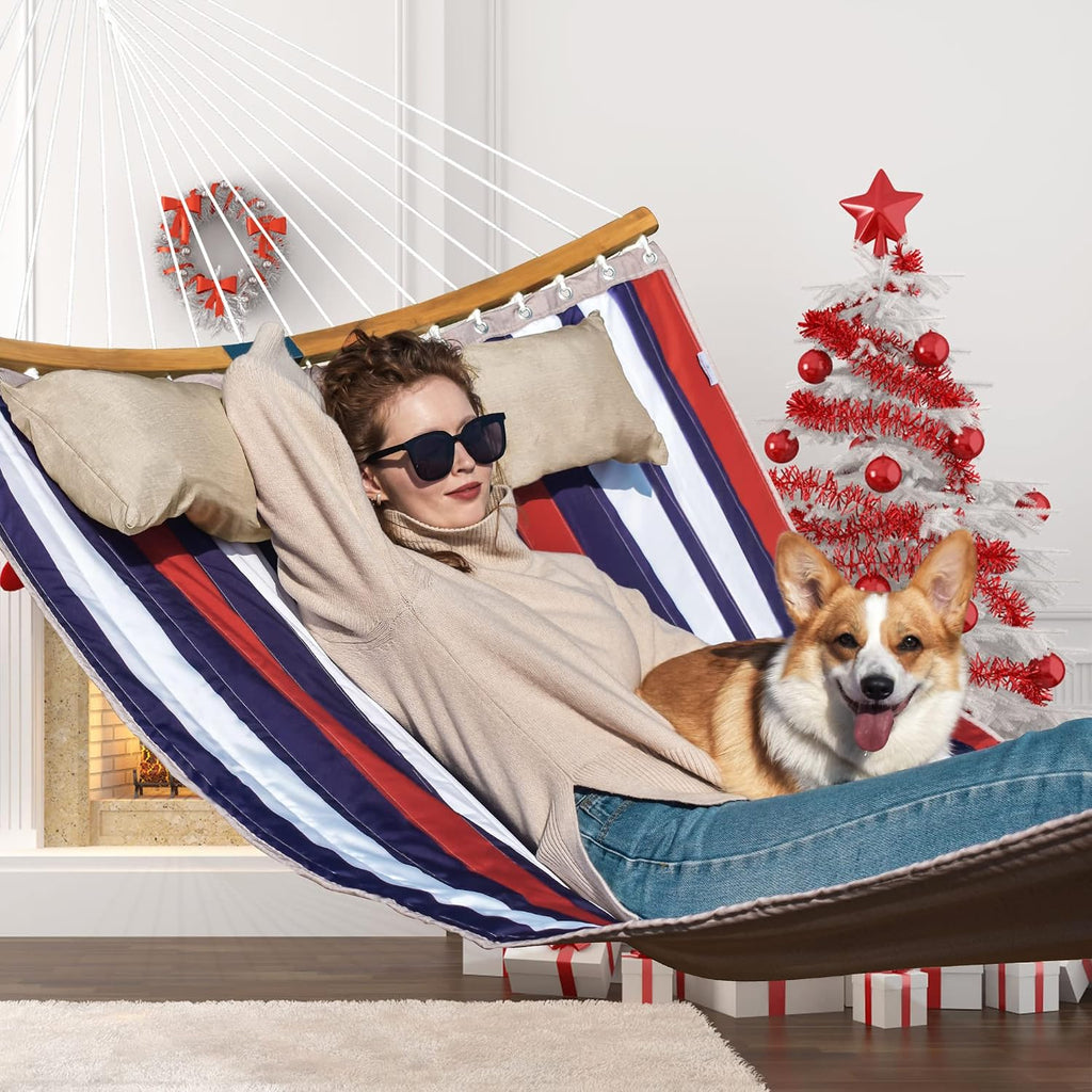 Double Hammock, 11 FT Quilted Fabric 2 Person Hammock for Outside with Pillow, Folding Curved Spreader Bar, Chains