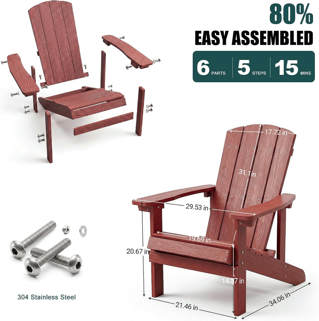 Adirondack Chairs Set of 2, Weather-Resistant Patio Chair with Wide Armrests & High Backrest, Fire Pit Chair, Lawn