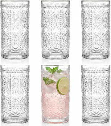 6 Pack Romantic Drinking Glasses, 12 oz Highball Glasses, Thick Water Glasses, Tall Glass Cups for Beverages, Beer