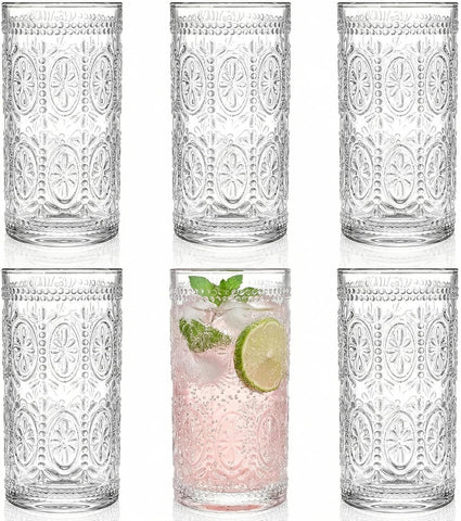 6 Pack Romantic Drinking Glasses, 12 oz Highball Glasses, Thick Water Glasses, Tall Glass Cups for Beverages, Beer