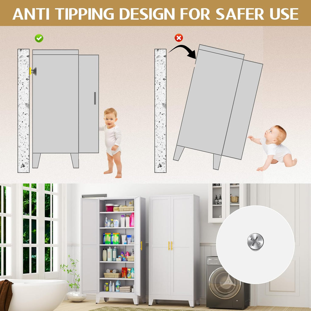 75.2" Tall Metal Kitchen Pantry Storage Cabinets with 2 Door and 5 Adjustable Shelves, Cupboard , White