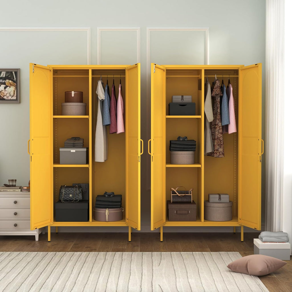 67 Inch Lockable Yellow Steel Wardrobe Storage Cabinet, Freestanding Metal Armoire Locker with Hanging Rod and