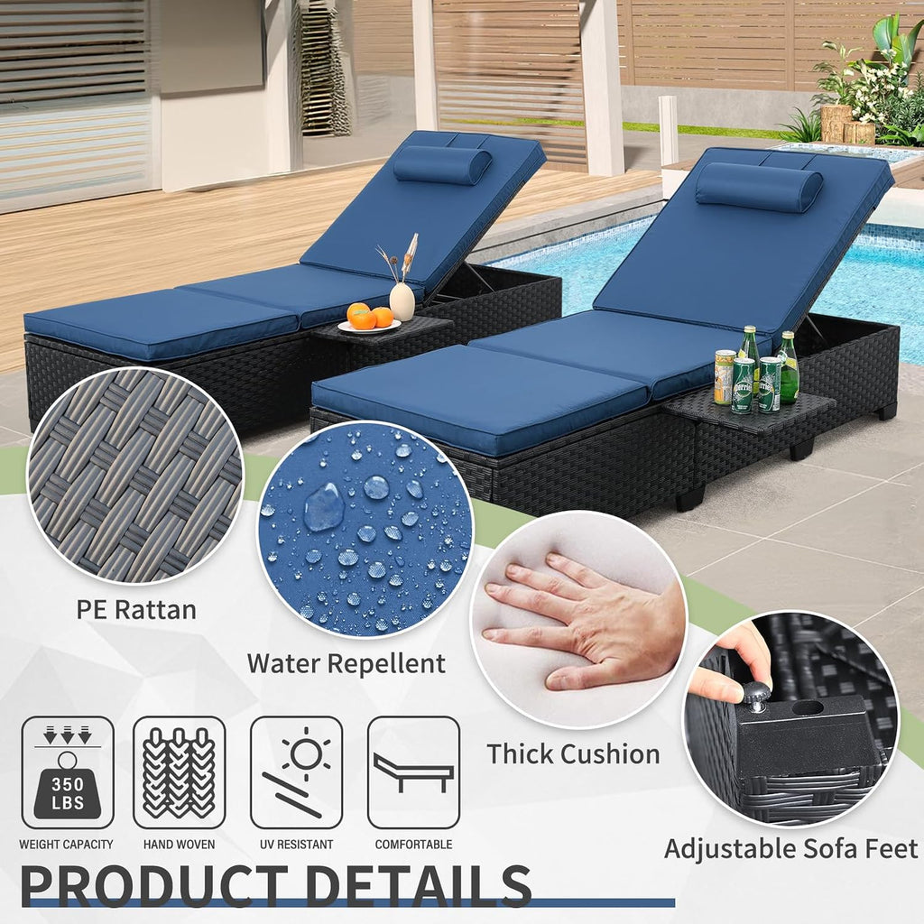 Outdoor Chaise Lounge Chairs for Outside Patio Furniture Set of 2 Wicker Recliner Black Rattan Sunbathing Lounger