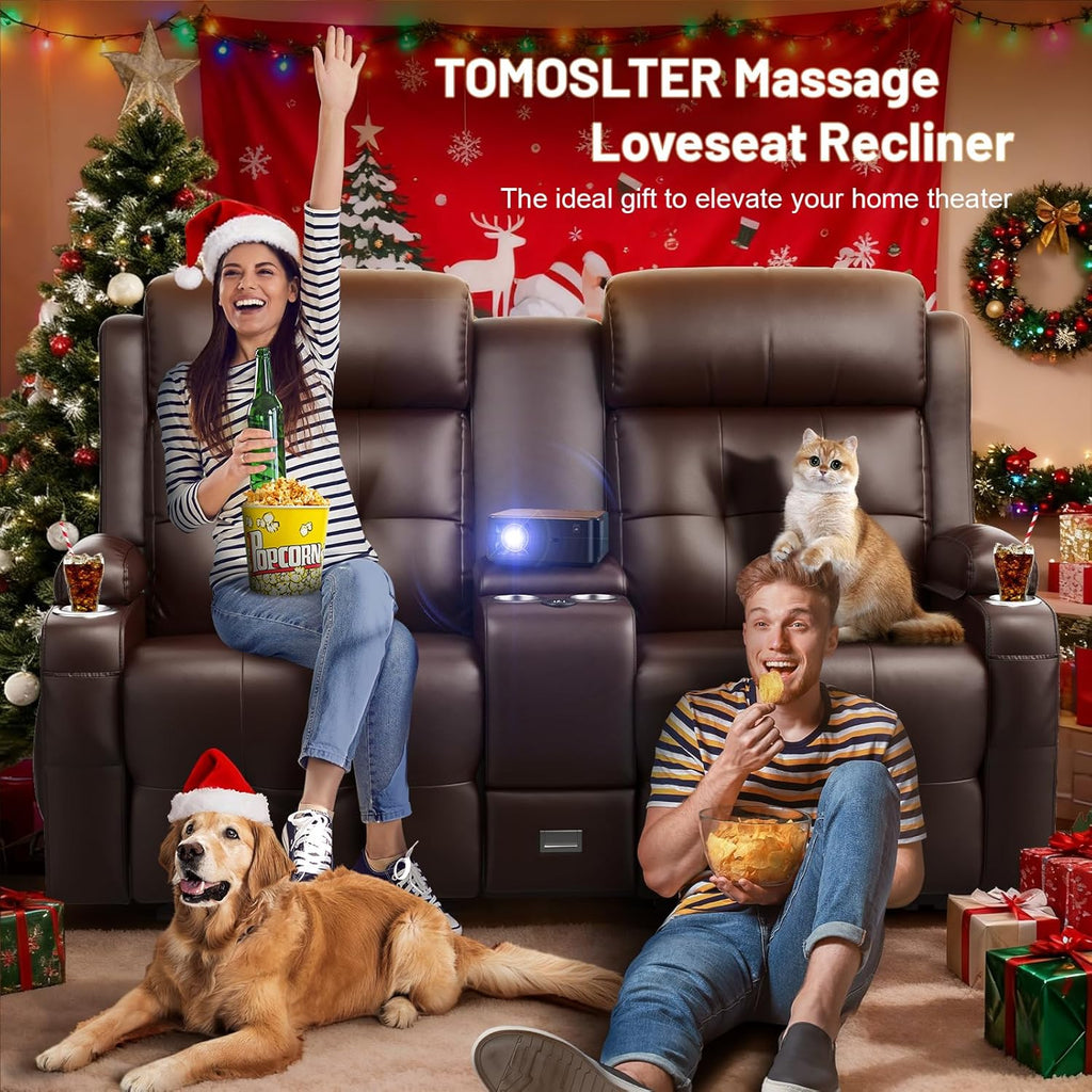 Loveseat Recliner Sofa, Home Theater Seating with Massage, RV Wall Hugger Reclining Couch with Console, USB