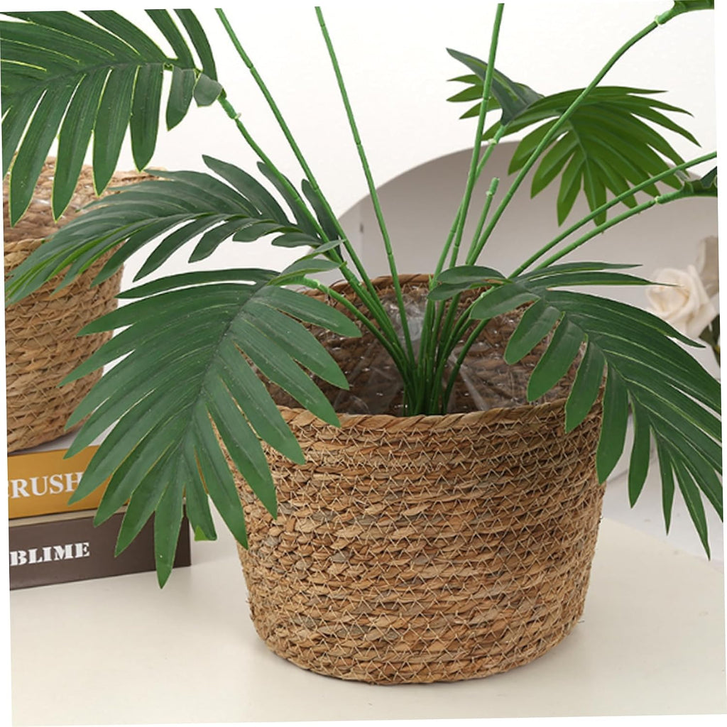 Wicker Blanket Basket, Decorative Round Seagrass Basket with Woven Handles, Planter Pot , Floor Standing Storage