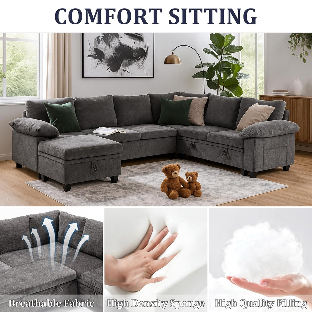 108 Inch Sectional Sleeper L Shaped Sofa with Pull Out Bed, 7 Seat Modular Sectional Sofa with Storage