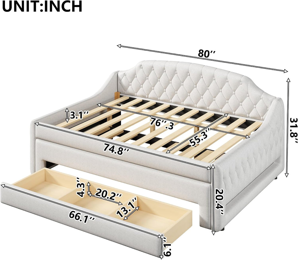 Upholstered Full Daybed with LED Lights, Trundle & 3 Drawers
