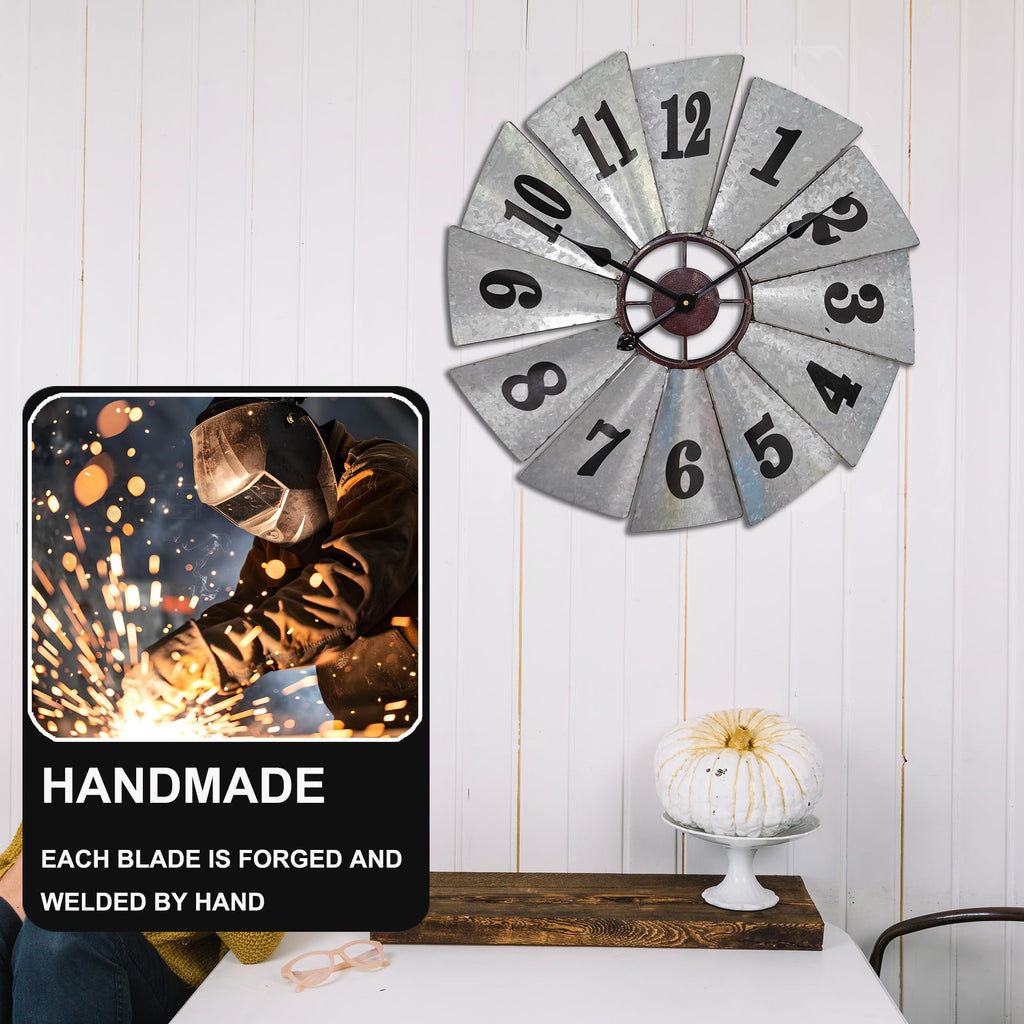 24 Inch Rustic Windmill Wall Clock - Galvanized Metal Farmhouse Decor, Silent Battery Operated Vintage Industrial