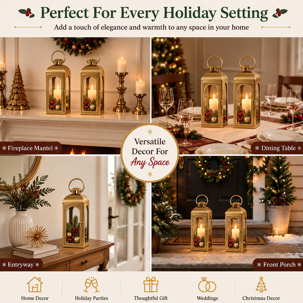 Christmas Decorative Lanterns Gold Metal Candle Holders 16 Inch 2 Pack