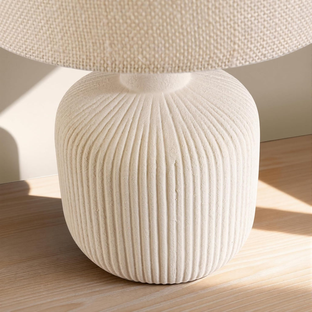 Ceramic Table Lamp, 17.75" Rustic Farmhouse Bedside Lamp with Beige Linen Shade