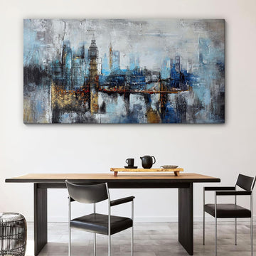 Large Wall Art Abstract City View Canvas Art Modern Home Decor Gray Blue Buildings Prints Wall Art Office Artwork