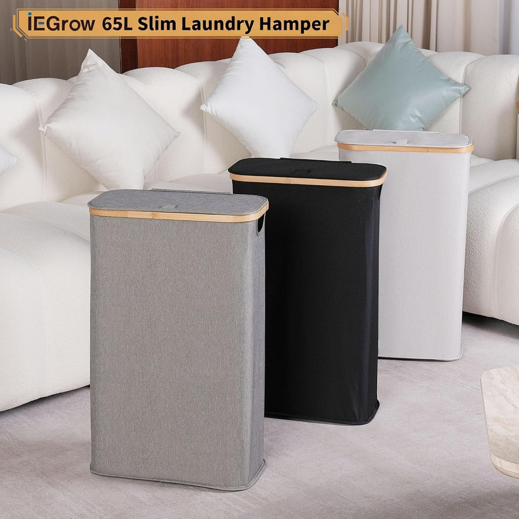 65L Slim Laundry Hamper, Narrow Laundry Basket with Lid,Foldable Clothes Hamper with Bamboo Handles,Hamper Basket
