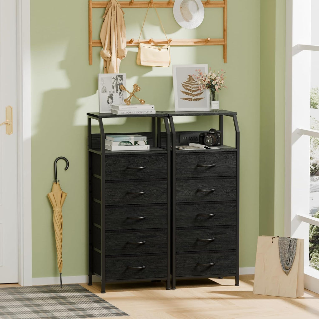 5 Drawers Dresser with Charging Station, Fabric Chest of Drawers with Open Shelf, Tall Night Stand, Bedside Table for