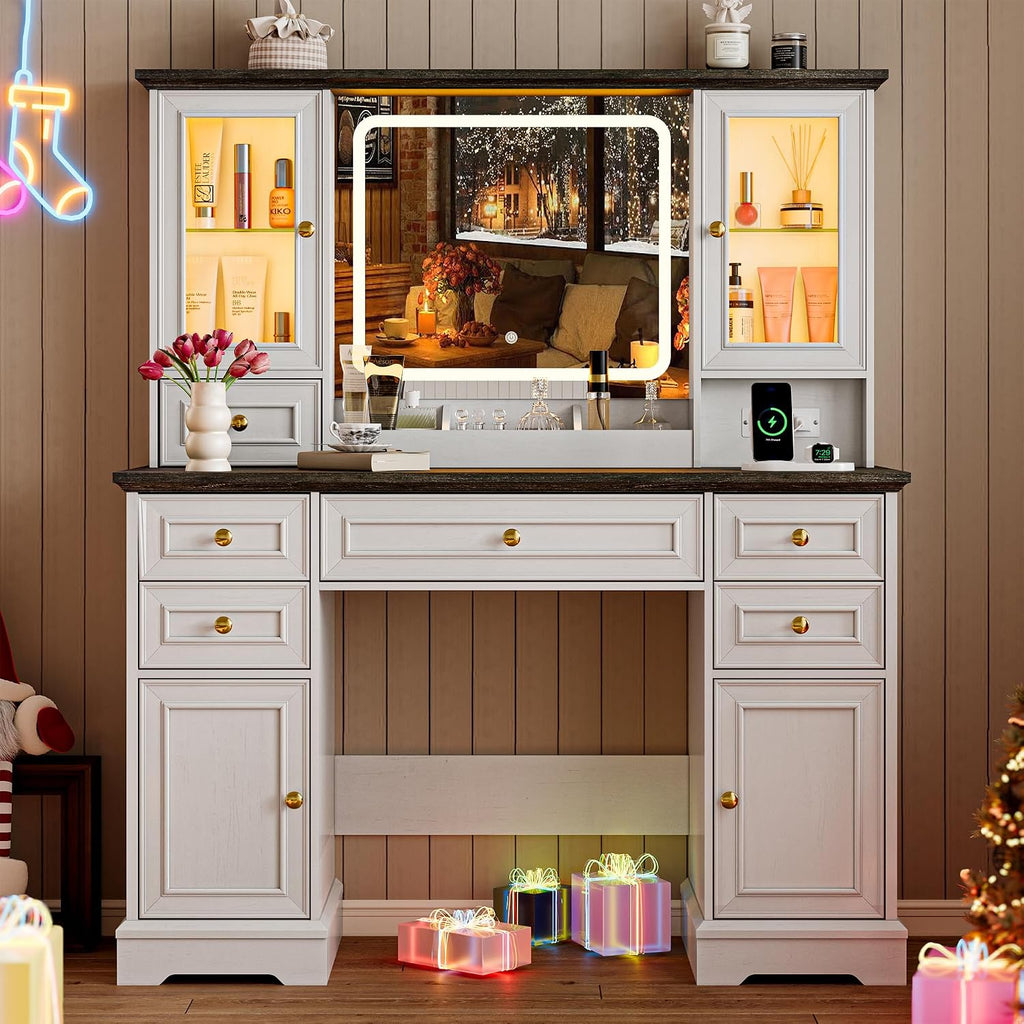 Vanity Desk with Lights, Large LED Mirror with 3 Color Modes, Makeup Vanity with Power Outlet & USB Ports, 6 Drawers