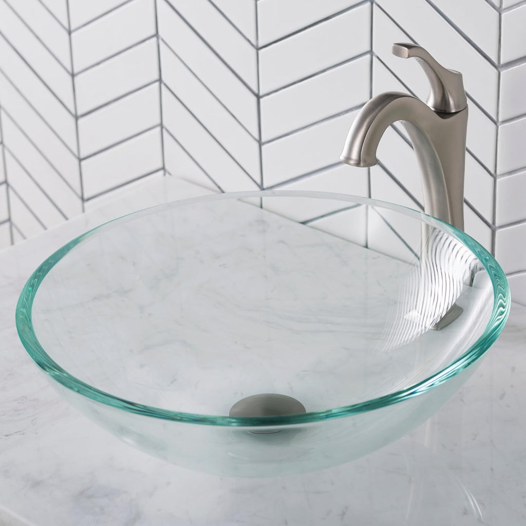 Round Crystal Clear Glass Vessel Bathroom Sink, 16 1/2 inch GV-100