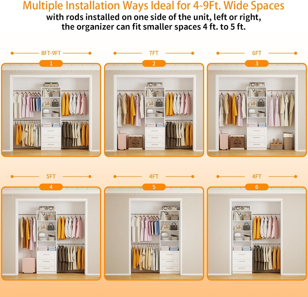 Closet System, 5FT-9FT Closet Organizer System with 4 Expandable Hanging Rods and Moveable Shelves, 115" Walk in
