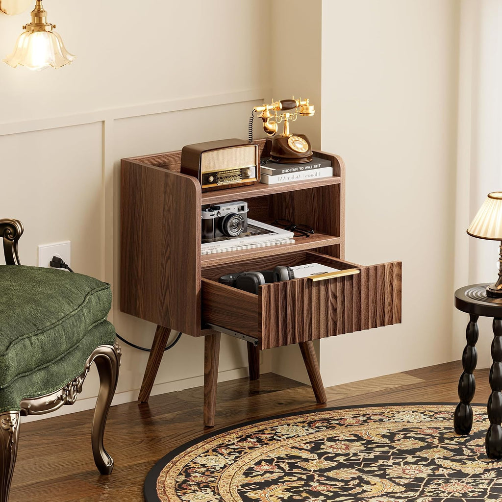 Nightstand with Charging Station, USB-C Port, Fluted Night Stand Set of 2, Bed Side Table with Drawer, Solid Wood
