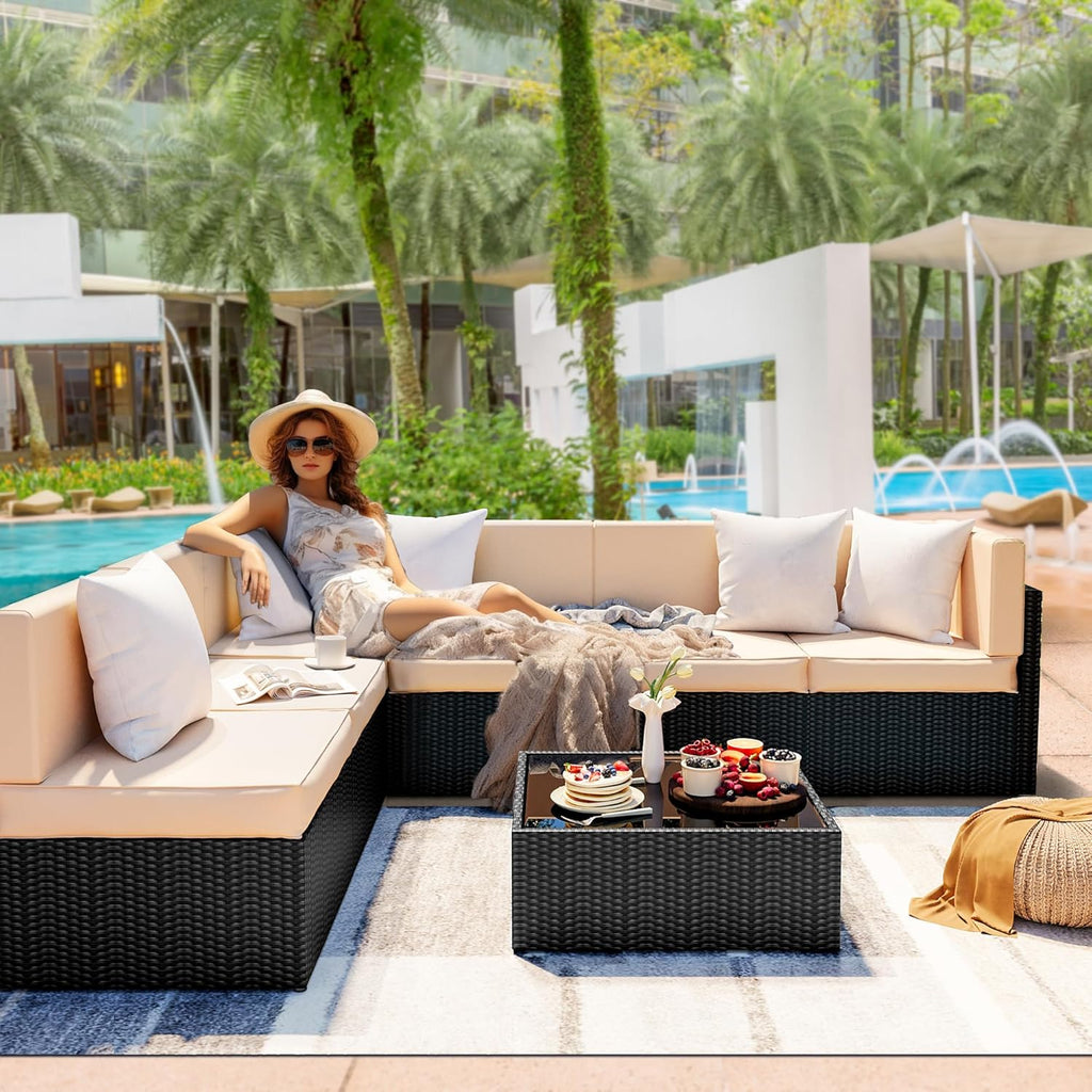 7 Pieces Outdoor Sectional Furniture，Wicker Patio sectional Furniture Sets，All-Weather Rattan Sectional Sofa