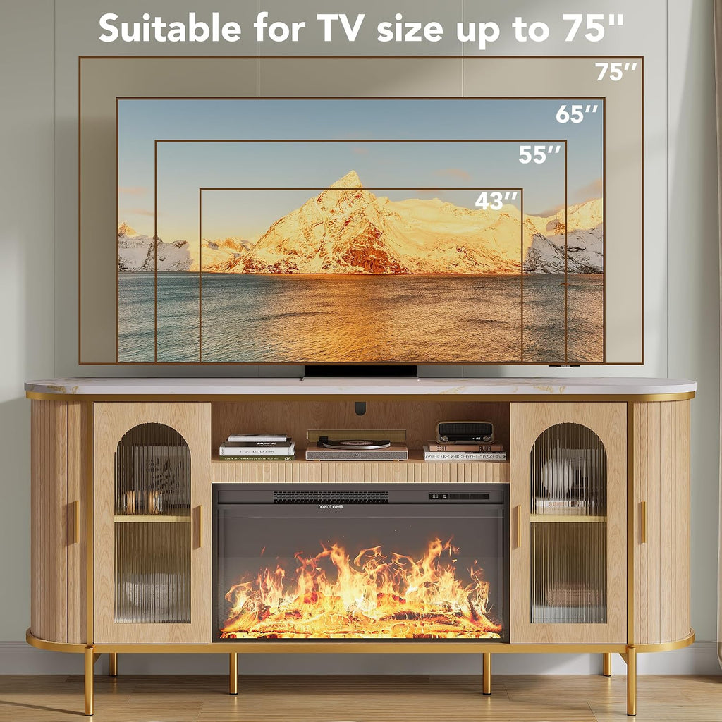 70" Fluted Fireplace TV Stand for TVs Up to 80 Inches, Entertainment Center with 30" Fireplace, Reeded Glass Door